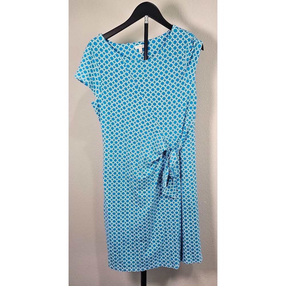 Talbots Petites LP Blue White Geo Print Faux Wrap Dress Short Sleeve Stretch